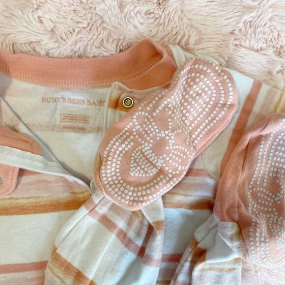 Burts Bees Baby | Pink and Orange Striped Footie Full Zip | Size 3-6 Months - Picture 1 of 7